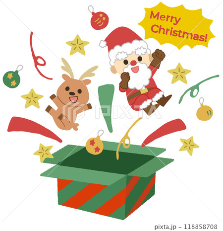 クリスマスプレゼントの箱から飛び出すサンタとトナカイのイラスト 118858708