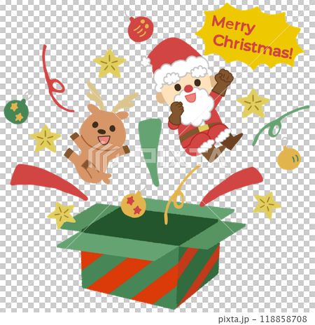 クリスマスプレゼントの箱から飛び出すサンタとトナカイのイラスト 118858708