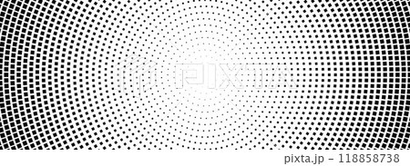 Halftone concentric dotted background. Square dots gradient texture. Radial fading comic gradation wallpaper. Black and white rough gritty overlay. Grunge circular monochrome pop art backdrop. Vector 118858738