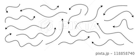 Black dotted thin arrows set. Wavy and curved dashed pointers collection. Wiggly sketchy direction lines. Dots squiggle stripe design elements bundle for flyer, poster, brochure. Vector 118858740