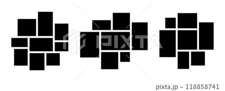 Image collage layout set. Black mosaic mood board grid collection. 7-9 picture composition arrangement. Photo album template for banner, poster, mockup, flyer, brochure, pamphlet, memory wall. Vector 118858741