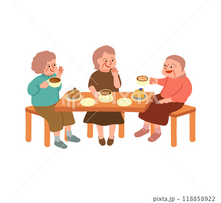 カフェでお茶をするシニア女性たちのイラスト 118858922