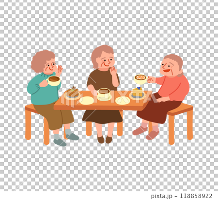 カフェでお茶をするシニア女性たちのイラスト 118858922