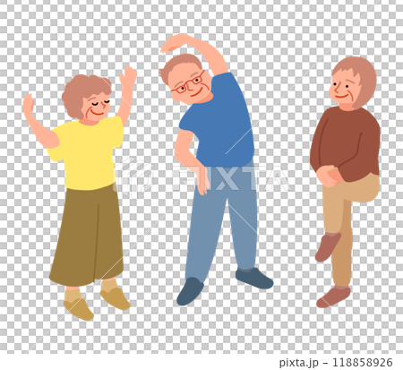 三位老年人做熱身運動的插圖 118858926