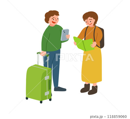 スマホと地図をみる旅行中のカップルのイラスト 118859060