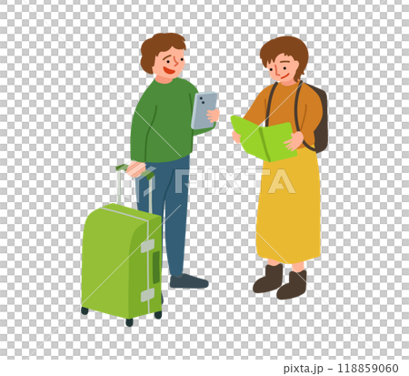 Illustration of a traveling couple looking at a smartphone and a map 118859060