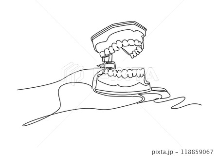Single one line drawing of doctor or dentist hand holding anatomical complete adult human teeth set. Medical internal anatomy education concept. Continuous line draw design graphic vector illustration Single one line drawing of doctor or dentist hand holding anatomical complete adult human teeth set. Medical internal anatomy education concept. Continuous line draw design graphic vector illustration 118859067