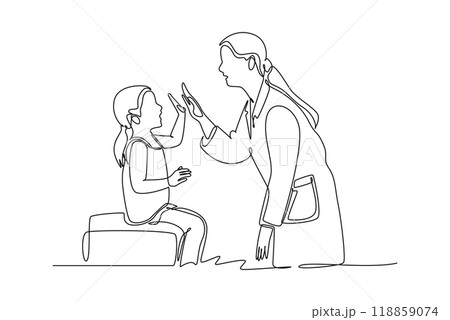 Continuous one line drawing female pediatric doctor invited cute baby toddler patient to play and follow her instruction. Medical treatment concept. Single line draw design vector graphic illustration 118859074