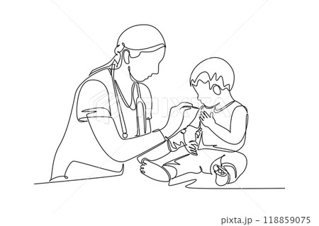 Continuous one line drawing of female pediatric doctor giving vaccine immunization injection to little boy patient. Medical health care treatment. Single line draw design vector graphic illustration 118859075
