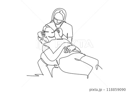 Single one line drawing female dentist examining patient's teeth and giving tooth filling at dental clinic. Mouth health care treatment. Modern continuous line draw design graphic vector illustration 118859090