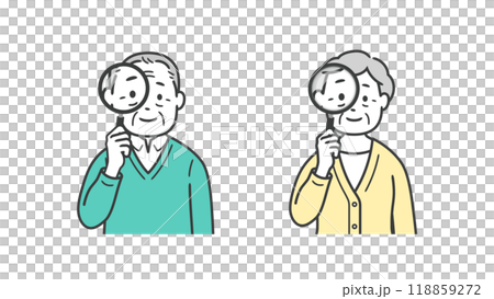 Upper body illustration of elderly men and women holding magnifying glasses 118859272