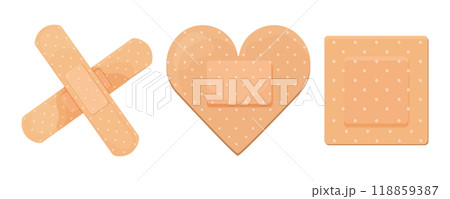 Medical plaster, strip. Breathable patch set. Firs aid tape, Different shapes. Recovery tape isolated on white background 118859387