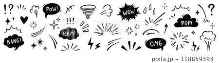 Comic boom cartoon effect line element set. Comic speech bubble pow, boom text, explosive splash smoke, wow cartoon vector icon. Hand drawn sketch doodle explosive element. Vector 118859393