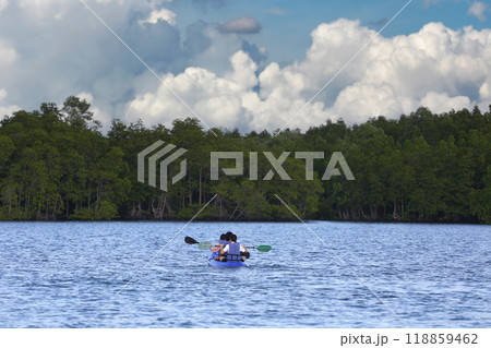 Tourists are kayaking in the middle of the sea and there are mangrove forests on the coast. 118859462