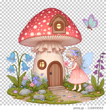 3d mushroom house with fairy  3d mushroom house with fairy  118859503