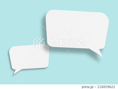 Empty speech balloon shape white paper isolated on light blue background communication bubbles. Empty speech balloon shape white paper isolated on light blue background communication bubbles. 118859622