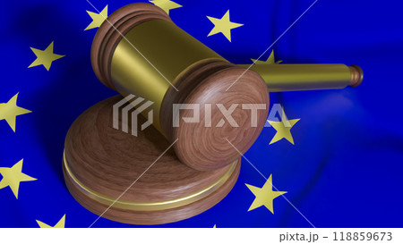 The Hammer wood law on eu flag image 3d rendering. 118859673