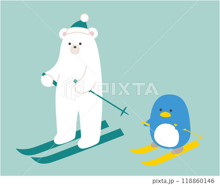 スキーをする白熊とペンギン。冬、シロクマ、ホッキョクグマ、ウィンタースポーツ スキーをする白熊とペンギン。冬、シロクマ、ホッキョクグマ、ウィンタースポーツ 118860146