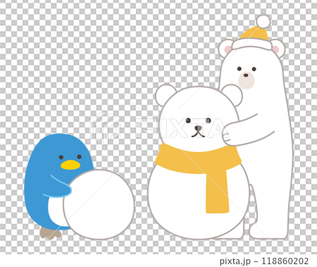Vector illustration of a polar bear and penguin making a snowman. Winter, hat, polar bear, polar bear Vector illustration of a polar bear and penguin making a snowman. Winter, hat, polar bear, polar bear 118860202