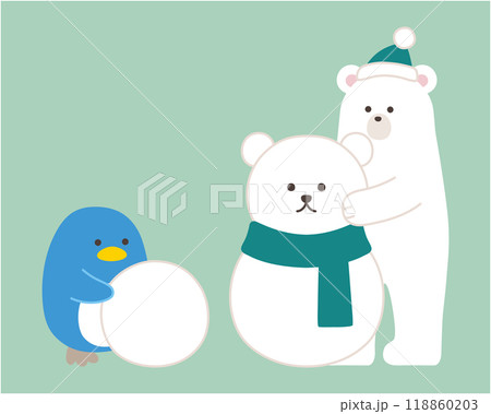 雪だるまを作る白熊とペンギンのベクターイラスト。冬、帽子、シロクマ、ホッキョクグマ 118860203