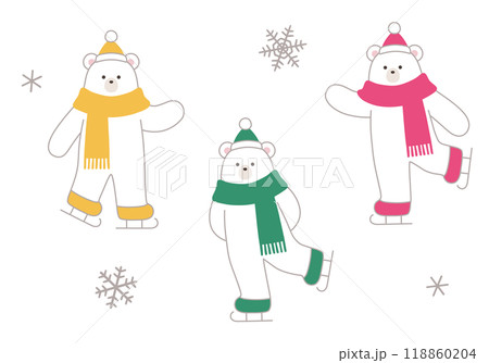 スケートをする白熊のイラスト。雪の結晶、冬、ホッキョクグマ、シロクマ 118860204