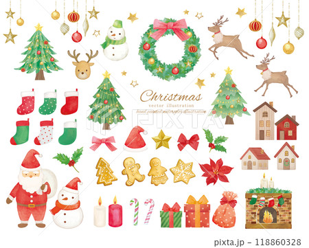 水彩タッチのかわいいクリスマスのイラスト素材セット 水彩タッチのかわいいクリスマスのイラスト素材セット 118860328