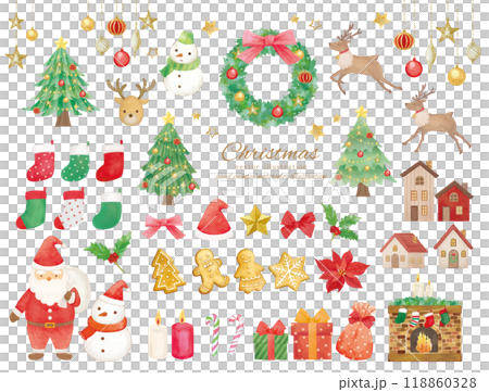 水彩タッチのかわいいクリスマスのイラスト素材セットのイラスト