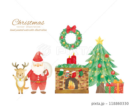 水彩タッチのサンタクロースとクリスマスの飾りの暖炉のある部屋 118860330