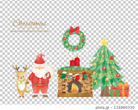 A room with a watercolor Santa Claus and a fireplace decorated for Christmas 118860330