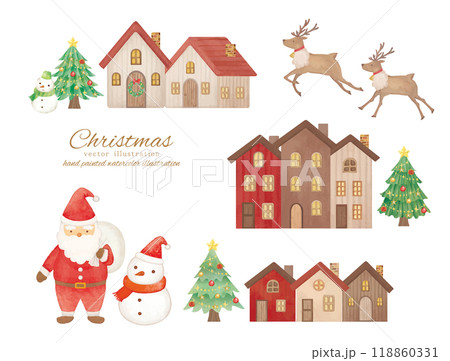 クリスマスの準備をしているサンタクロースと家や街並みのイラスト クリスマスの準備をしているサンタクロースと家や街並みのイラスト 118860331