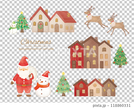 クリスマスの準備をしているサンタクロースと家や街並みのイラスト クリスマスの準備をしているサンタクロースと家や街並みのイラスト 118860331