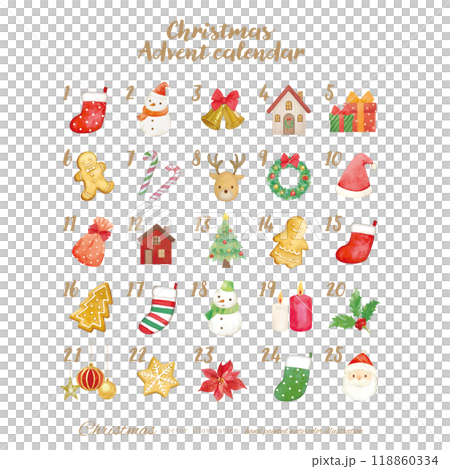 水彩手書きのかわいいクリスマスのアドベントカレンダー素材背景なし 118860334