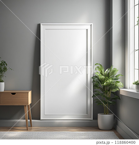 Close up blank frame mockup on wall in the living room. frame mockup design for advertisement, frame presentation 118860400