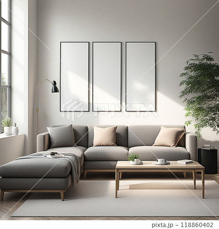 Close up blank frame mockup on wall in the living room. frame mockup design for advertisement, frame presentation 118860402