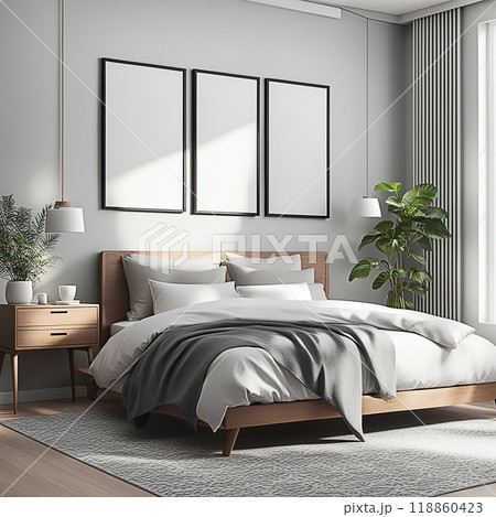 Close up blank frame mockup on shelf in the bed room. frame mockup design for advertisement, frame presentation 118860423