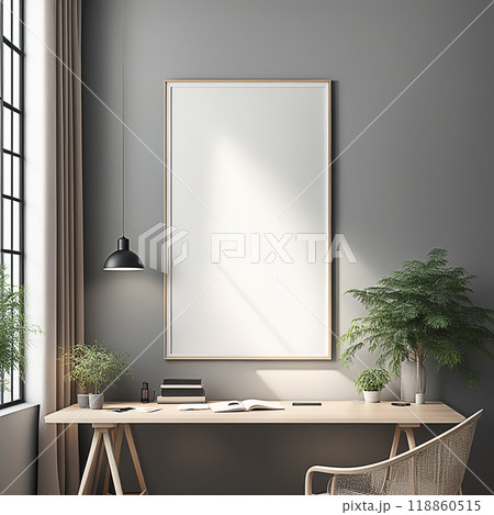 Close up blank frame mockup on wall in the home office room. frame mockup design for advertisement, frame presentation 118860515