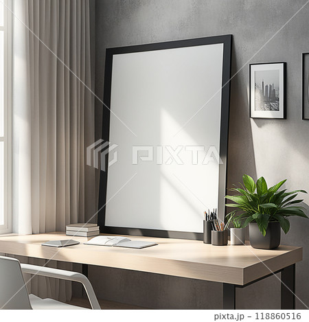 Close up blank frame mockup on wall in the home office room. frame mockup design for advertisement, frame presentation 118860516