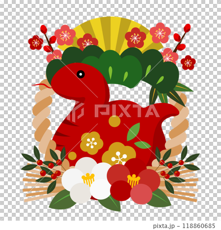 Snake year New Year's card icon, pine, bamboo and plum on top, camellia on bottom, decoration, red snake, illustration, cute Snake year New Year's card icon, pine, bamboo and plum on top, camellia on bottom, decoration, red snake, illustration, cute 118860685