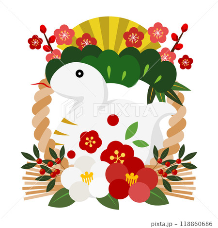 巳年年賀状アイコン、松竹梅が上、椿が下、しめ飾り、白蛇、イラスト、かわいい 118860686