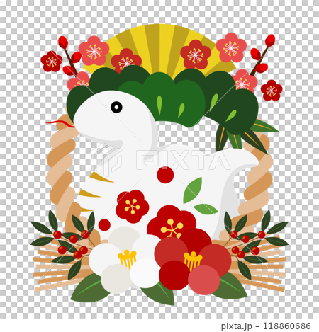 Snake year New Year's card icon, pine, bamboo and plum on top, camellia on bottom, decoration, white snake, illustration, cute 118860686