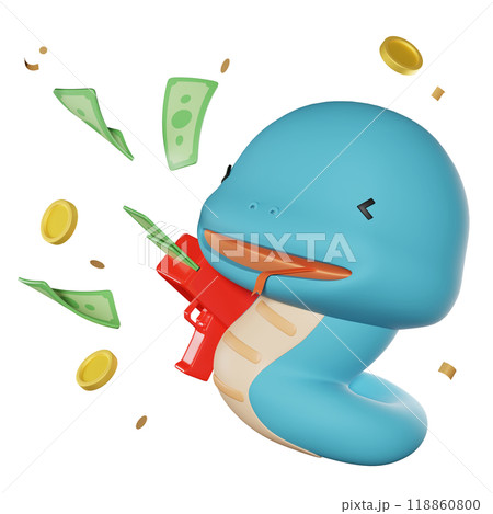 Blue snake character shooting a money gun with money pouring out 3D graphics side view Blue snake character shooting a money gun with money pouring out 3D graphics side view 118860800