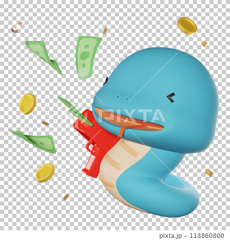 Blue snake character shooting a money gun with money pouring out 3D graphics side view Blue snake character shooting a money gun with money pouring out 3D graphics side view 118860800