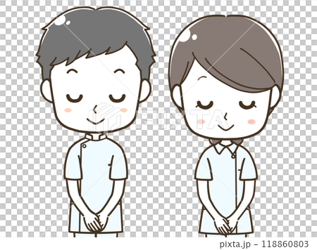 Upper body illustration of male and female nurses bowing Upper body illustration of male and female nurses bowing 118860803