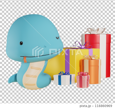 Blue snake character with gift bundle 3D graphic Blue snake character with gift bundle 3D graphic 118860969