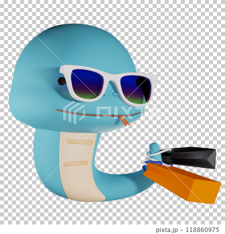 blue snake character wearing sunglasses and carrying shopping bags 3D graphic 118860975