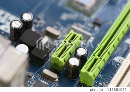 PCI Express and Condenser or Capacitor mainboard of computer background. 118861055