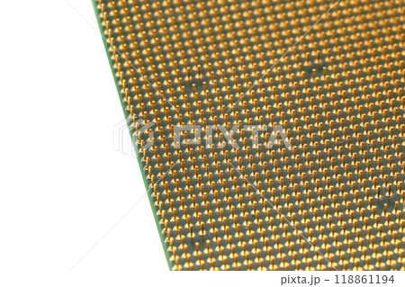 Macro of cpu gold pins and chip of computer. 118861194
