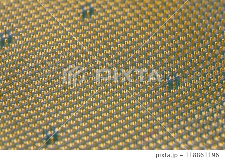 Macro of cpu gold pins and chip of computer. 118861196