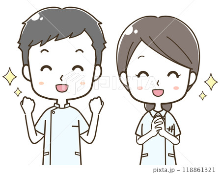 喜ぶ男女の看護師の上半身イラスト 喜ぶ男女の看護師の上半身イラスト 118861321
