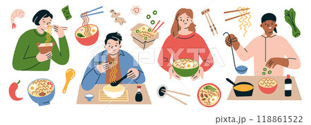 People eating and cooking ramen, vector illustrations of Asian noodles, collection of characters with bowls and chopsticks, noodle soup ingredients like fish cake, ginger, Korean or Japanese cuisine 118861522